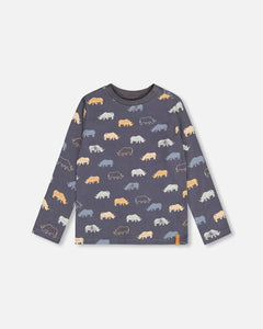 deux par deux Boys Share Printed Rhinoceros Jersey T-Shirt - Ebony Grey