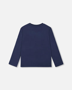 deux par deux Boys Jersey T-Shirt With Foil Print - Dark Navy