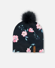 Load image into Gallery viewer, deux par deux Girls Printed Jersey Detachable Pompom Hat - Black Rose Print
