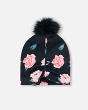 Load image into Gallery viewer, deux par deux Girls Printed Jersey Detachable Pompom Hat - Black Rose Print
