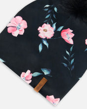 Load image into Gallery viewer, deux par deux Girls Printed Jersey Detachable Pompom Hat - Black Rose Print
