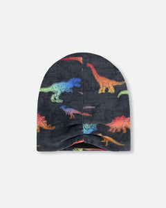 deux par deux Boys Jersey Hat - Black Dino Multicolour Print
