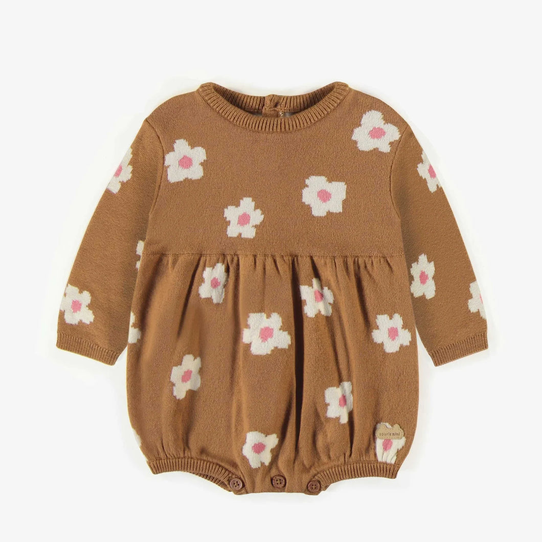 Souris Mini Baby Girls Knit Puffy One-Piece - Light Brown w/ Flowers