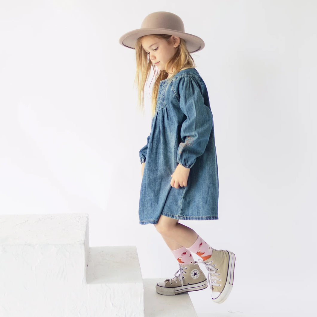 Souris Mini Girls Long Sleeve Pleated Regular Fit/Flared Light Denim Dress - Dark Blue