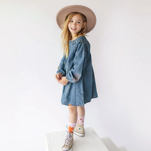 Souris Mini Girls Long Sleeve Pleated Regular Fit/Flared Light Denim Dress - Dark Blue