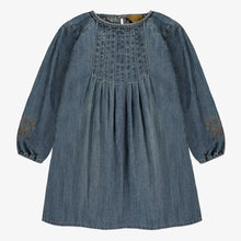 Load image into Gallery viewer, Souris Mini Girls Long Sleeve Pleated Regular Fit/Flared Light Denim Dress - Dark Blue
