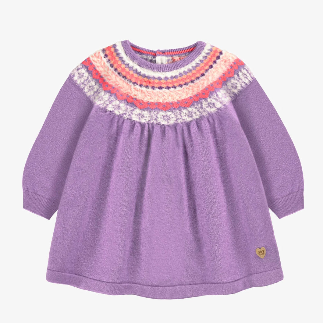 Souris Mini Baby Girls Patterned Knit Dress - Purple
