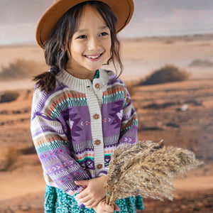 Souris Mini Girls Knit Cardigan - Beige & Purple