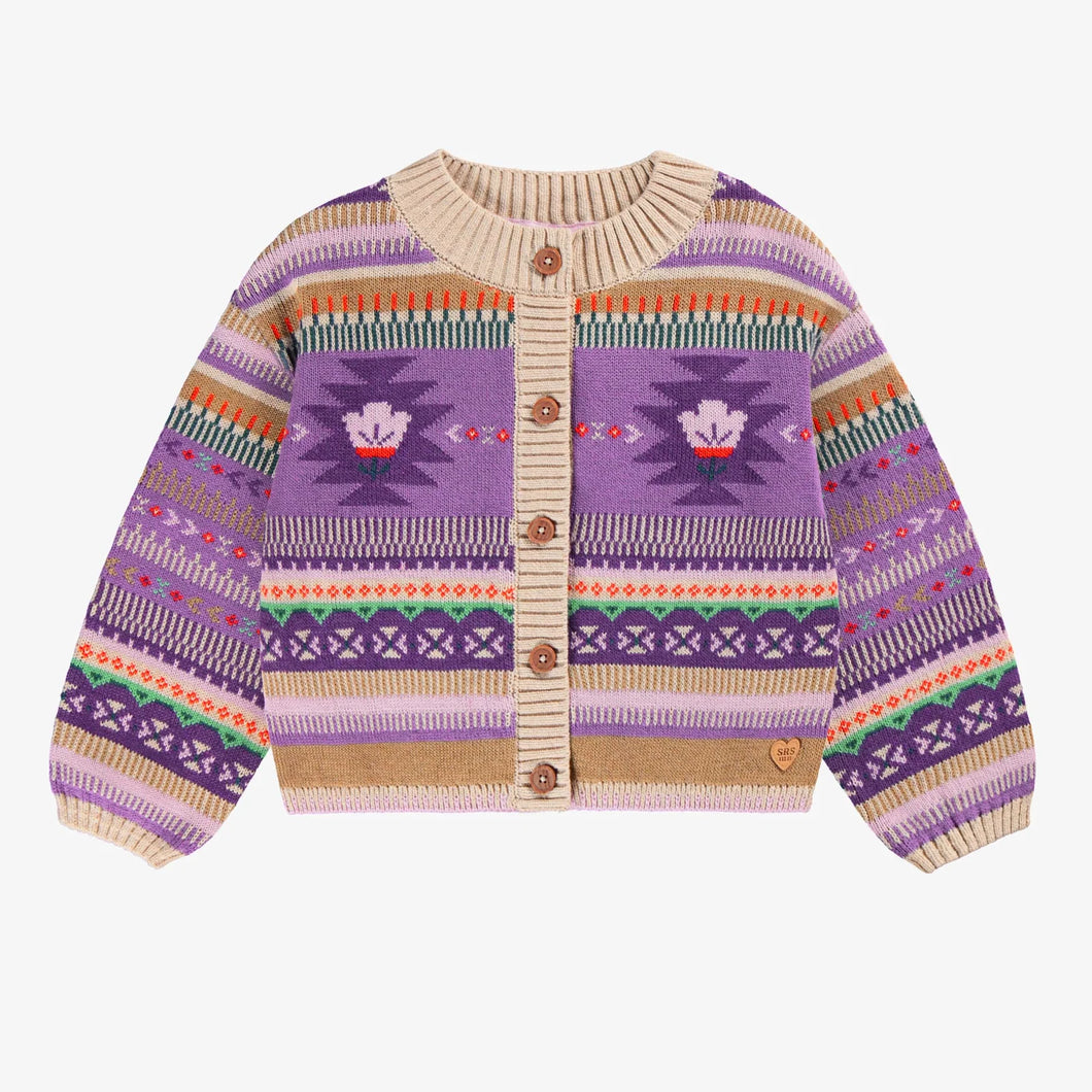 Souris Mini Girls Knit Cardigan - Beige & Purple