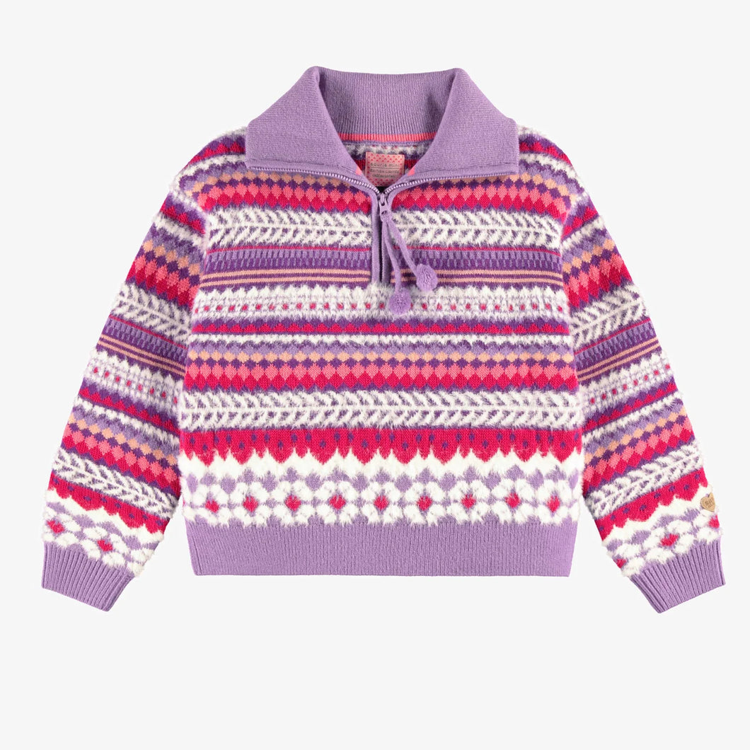 Souris Mini Girls Knit Patterned Sweater - Purple