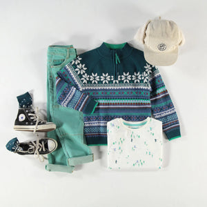 Souris Mini Boys Knit Patterned Sweater - Teal