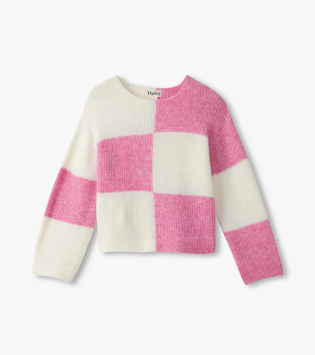 Hatley Girls Sea Pink Check Drop Shoulder Sweater