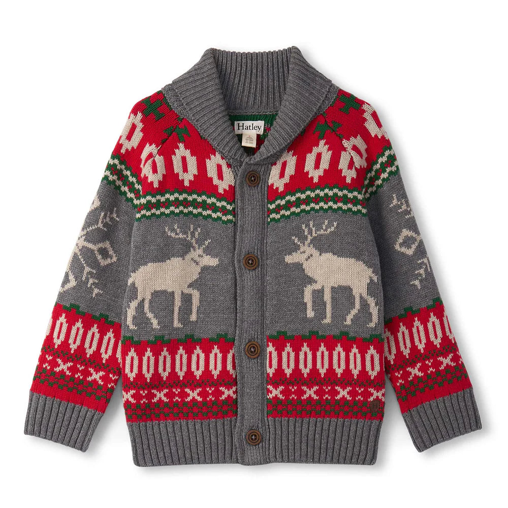 Hatley Boys Winter Elk Collared Cardigan - Grey Melange
