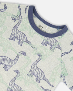 deux par deux Boys Organic Cotton Two Piece Short Pajama Set - Heather Beige Printed Dinosaurs