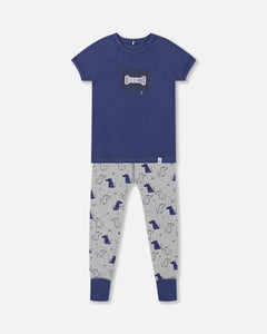 deux par deux Boys Organic Cotton Two Piece Pajama Set - Grey Mix Printed Dogs