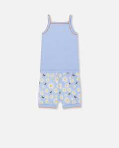 deux par deux Girls Organic Cotton Two Piece Pajama Set - Baby Blue Printed Daisies