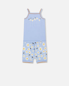 deux par deux Girls Organic Cotton Two Piece Pajama Set - Baby Blue Printed Daisies