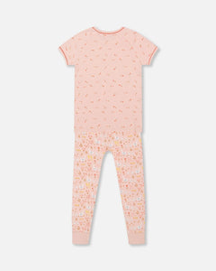 deux par deux Girls Organic Cotton Two Piece Pajama Set - Pink Printed Ducks