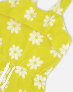 deux par deux Girls Terry Cloth Jumpsuit - Yellow Printed Daisies