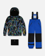 Load image into Gallery viewer, deux par deux Boys Two Piece Snowsuit - Royal Blue Printed Dinos
