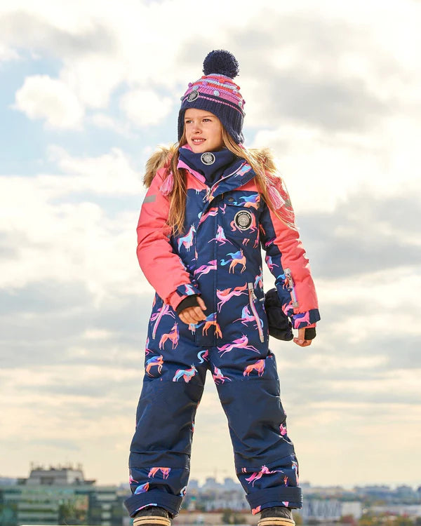 deux par deux Girls One Piece Snowsuit - Navy Printed Unicorn