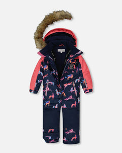 deux par deux Girls One Piece Snowsuit - Navy Printed Unicorn