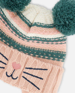deux par deux Girls Knit Hat w/Ears - Light Pink Cat Face