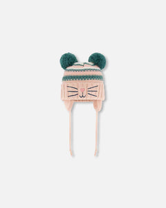 deux par deux Girls Knit Hat w/Ears - Light Pink Cat Face