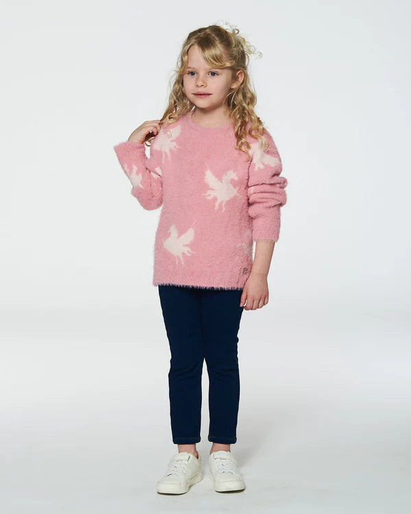 deux par deux Girls Fuzzy Knit Unicorn Sweater - Pink
