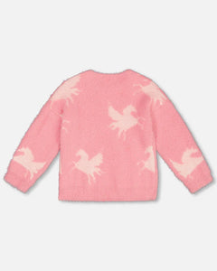 deux par deux Girls Fuzzy Knit Unicorn Sweater - Pink