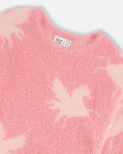 deux par deux Girls Fuzzy Knit Unicorn Sweater - Pink