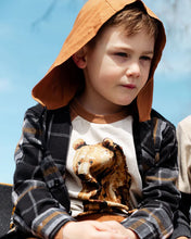 Load image into Gallery viewer, deux par deux Boys Button Down Flannel Shirt With Hood - Plaid Black And Caramel

