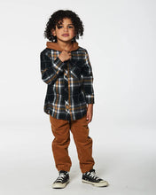 Load image into Gallery viewer, deux par deux Boys Button Down Flannel Shirt With Hood - Plaid Black And Caramel
