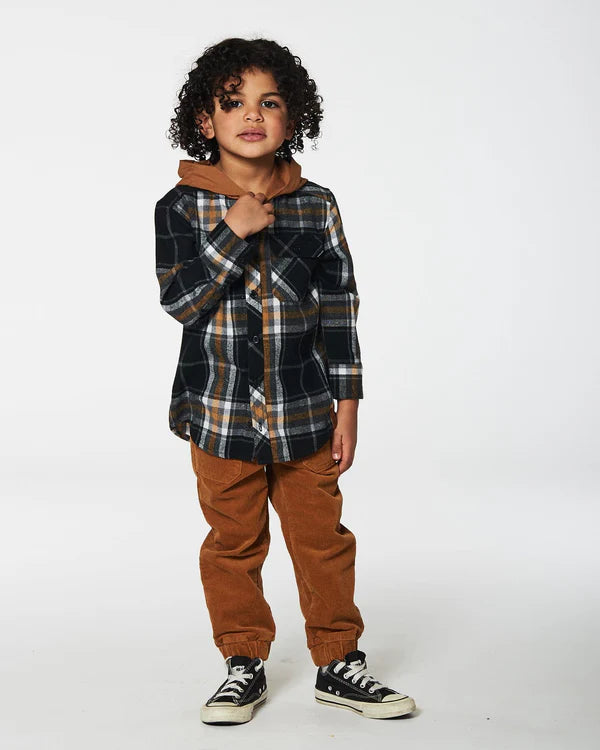 deux par deux Boys Button Down Flannel Shirt With Hood - Plaid Black And Caramel