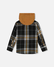 Load image into Gallery viewer, deux par deux Boys Button Down Flannel Shirt With Hood - Plaid Black And Caramel

