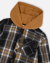 Load image into Gallery viewer, deux par deux Boys Button Down Flannel Shirt With Hood - Plaid Black And Caramel

