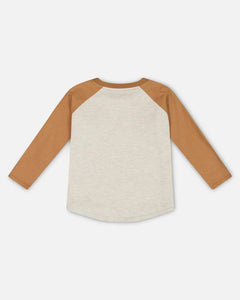 deux par deux Boys Raglan T-Shirt  w/Bear Print - Brown And Beige Mix
