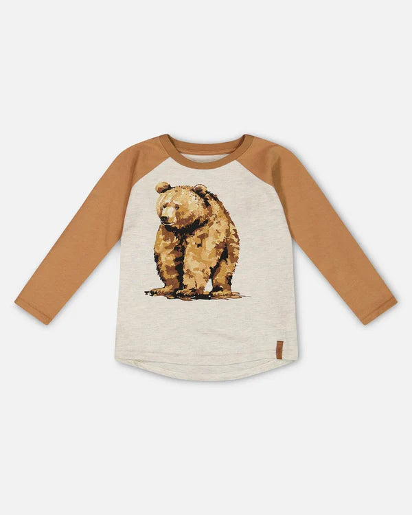 deux par deux Boys Raglan T-Shirt  w/Bear Print - Brown And Beige Mix