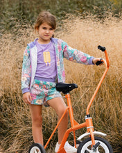 Load image into Gallery viewer, deux par deux Girls Printed French Terry Shorts - Lilac Tropical And Pink Flamingos
