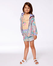Load image into Gallery viewer, deux par deux Girls Printed French Terry Shorts - Lilac Tropical And Pink Flamingos
