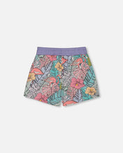 Load image into Gallery viewer, deux par deux Girls Printed French Terry Shorts - Lilac Tropical And Pink Flamingos
