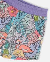 Load image into Gallery viewer, deux par deux Girls Printed French Terry Shorts - Lilac Tropical And Pink Flamingos
