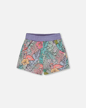 Load image into Gallery viewer, deux par deux Girls Printed French Terry Shorts - Lilac Tropical And Pink Flamingos
