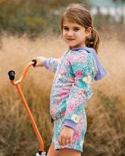 Load image into Gallery viewer, deux par deux Girls Printed French Terry Hoodie Cardigan - Lilac Tropical And Pink Flamingos
