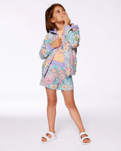 Load image into Gallery viewer, deux par deux Girls Printed French Terry Hoodie Cardigan - Lilac Tropical And Pink Flamingos
