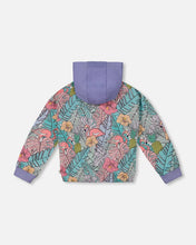 Load image into Gallery viewer, deux par deux Girls Printed French Terry Hoodie Cardigan - Lilac Tropical And Pink Flamingos
