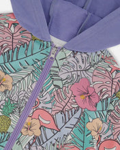 Load image into Gallery viewer, deux par deux Girls Printed French Terry Hoodie Cardigan - Lilac Tropical And Pink Flamingos
