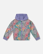 Load image into Gallery viewer, deux par deux Girls Printed French Terry Hoodie Cardigan - Lilac Tropical And Pink Flamingos
