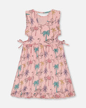 Load image into Gallery viewer, deux par deux Girls Printed Girls Organic Cotton Dress With Cut Outs - Palm Trees, Pink Flamingo, And Turquoise
