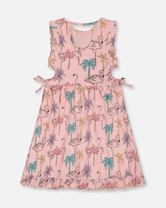 deux par deux Girls Printed Girls Organic Cotton Dress With Cut Outs - Palm Trees, Pink Flamingo, And Turquoise